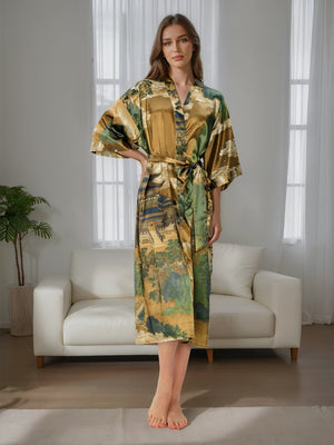 Brown Hand Painted Ink Landscape Printed Floral Women's Robes