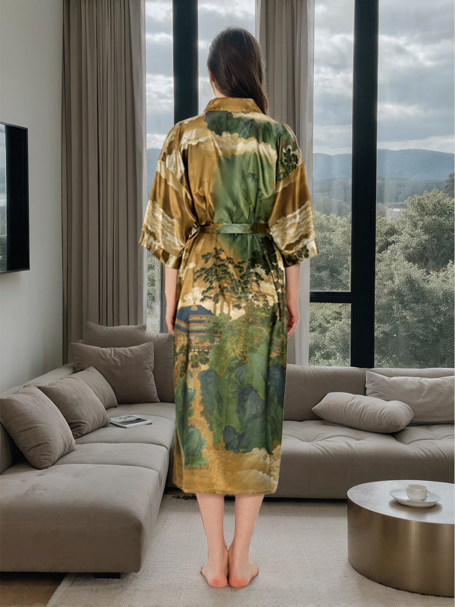 Brown Hand Painted Ink Landscape Printed Floral Women&