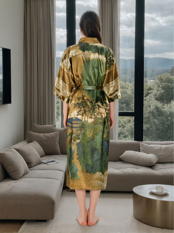 Brown Hand Painted Ink Landscape Printed Floral Women's Robes