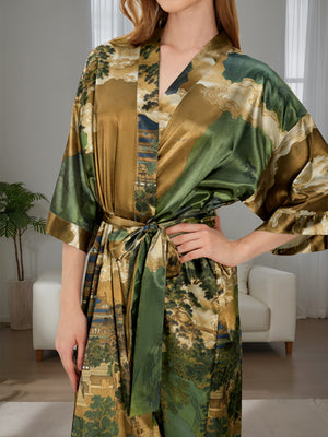 Brown Hand Painted Ink Landscape Printed Floral Women's Robes