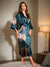 Dark Green Hand Painted Lotus 3/4 Sleeves Women's Elegant Robes