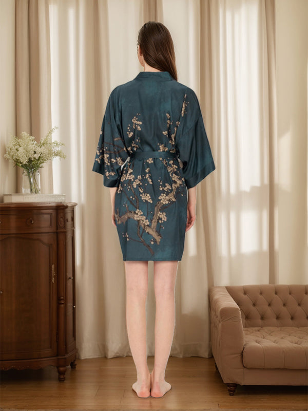 Dark Blue Hand Painted Plum Flower Short/Mini Women's Robes