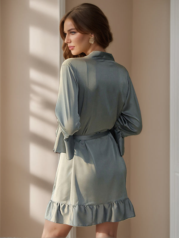 Solid Color Sexy Silk Satin Short/Mini Women's Robes with Ruffles