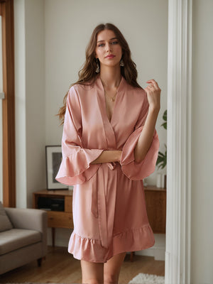 Solid Color Sexy Silk Satin Short/Mini Women's Robes with Ruffles