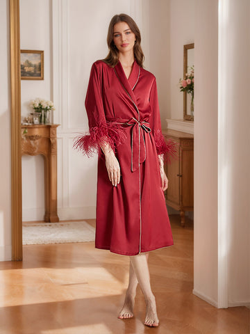 Wine Red Tea-Length High-End Women's Robes with Feather