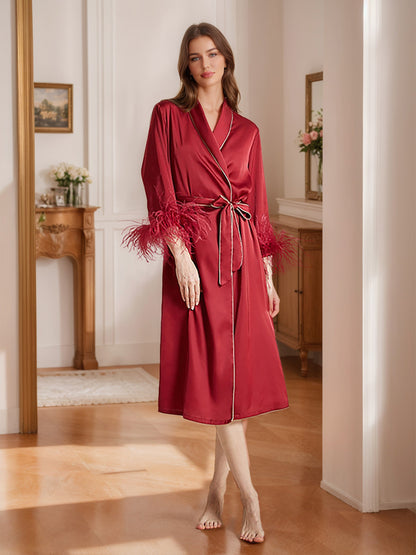 Wine Red Tea-Length High-End Women's Robes with Feather