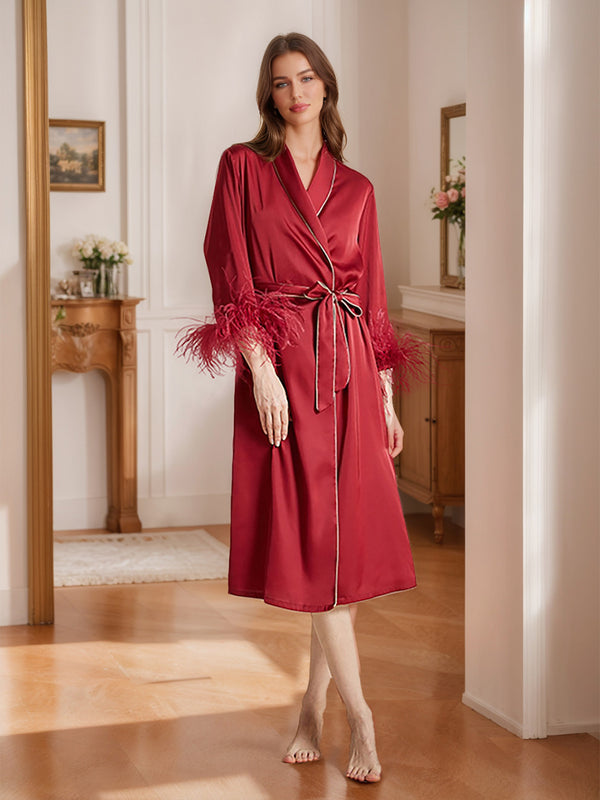 Wine Red Tea-Length High-End Women's Robes with Feather