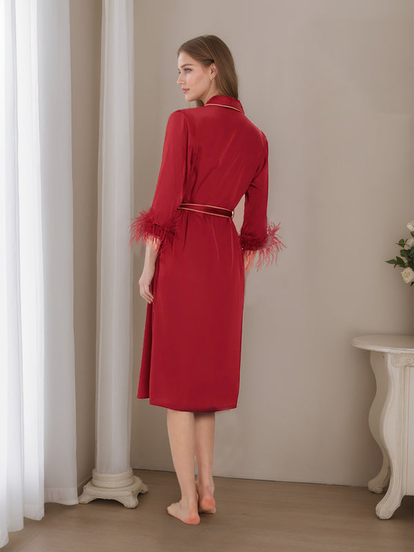 Wine Red Tea-Length High-End Women's Robes with Feather