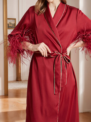 Wine Red Tea-Length High-End Women's Robes with Feather
