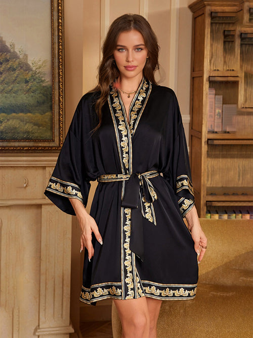 Black Contrast Placket Printed Floral Short/Mini Women's Robe