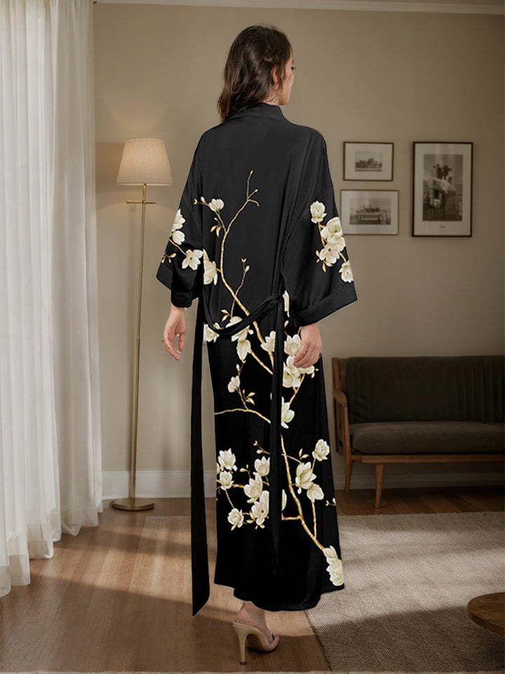 Black Printed Magnolia 3/4 Sleeves Long Women&