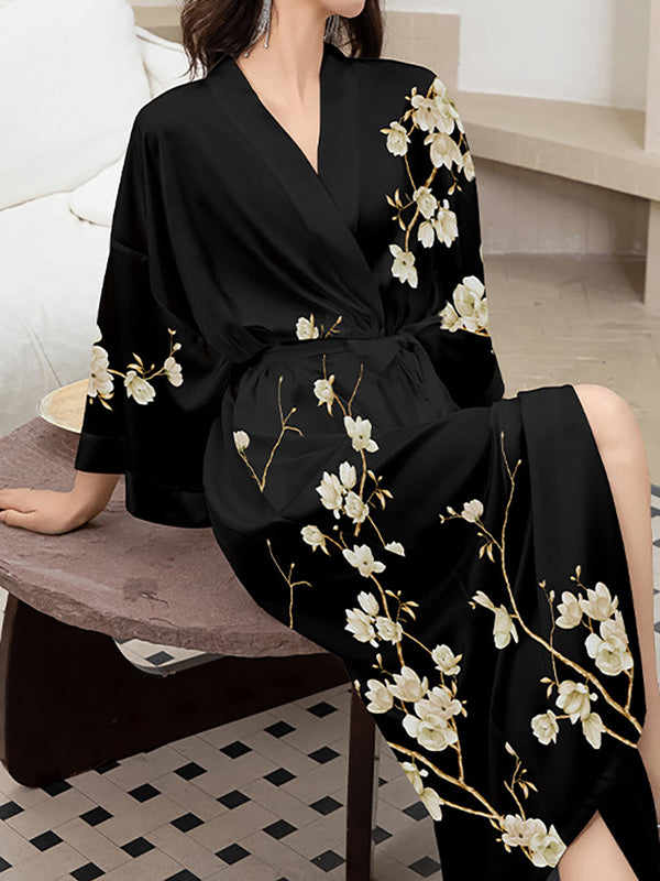Black Printed Magnolia 3/4 Sleeves Long Women's Robe