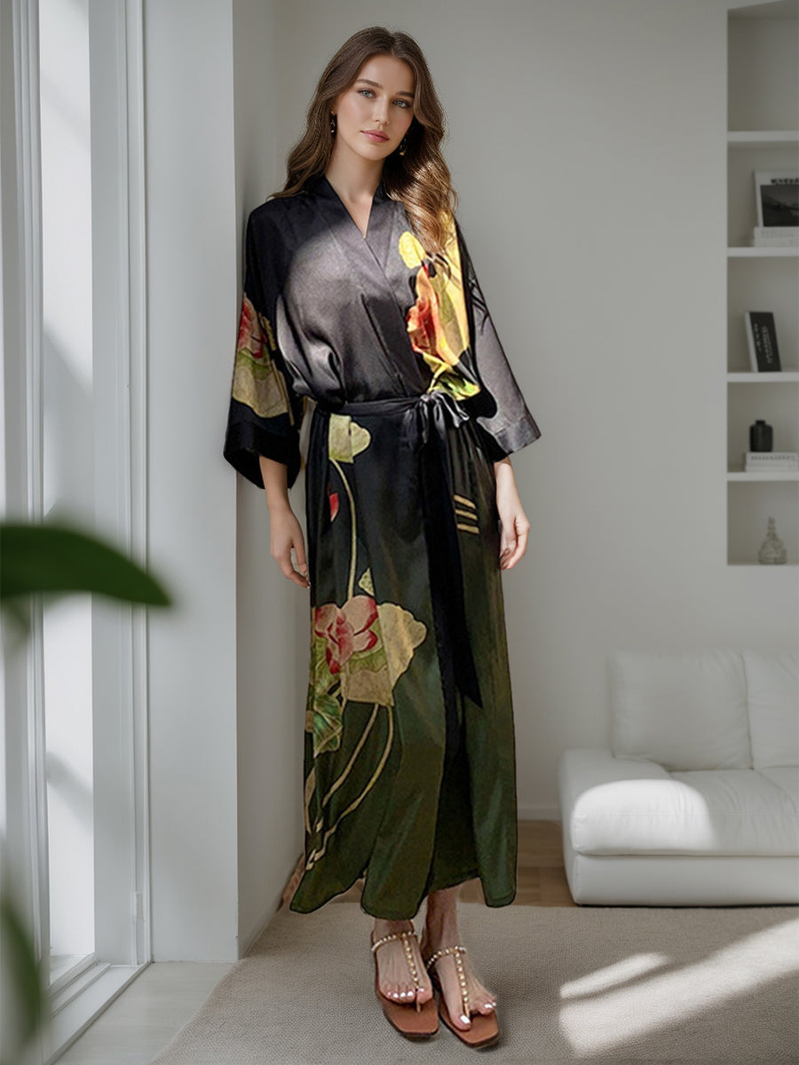 Green Printed Lotus 3/4 Sleeves Long Women&