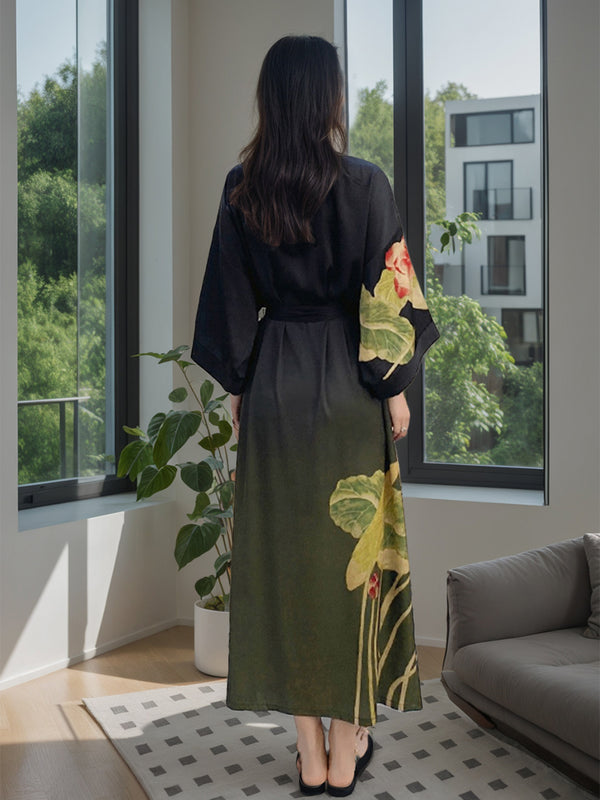 Green Printed Lotus 3/4 Sleeves Long Women's Robe