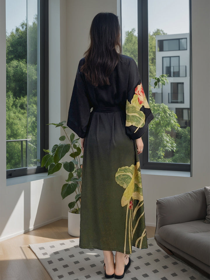 Green Printed Lotus 3/4 Sleeves Long Women&