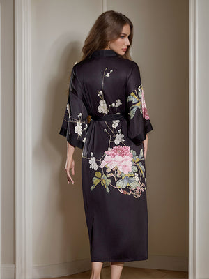 Women's Black Printed Peony 3/4 Sleeves Long Bride Robe