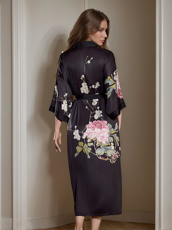 Women's Black Printed Peony 3/4 Sleeves Long Bride Robe