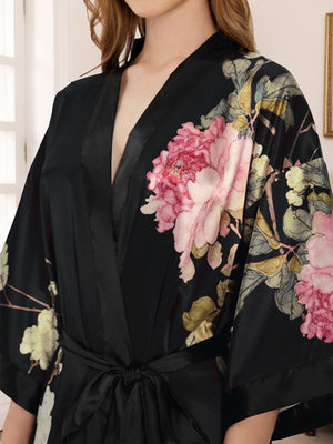 Women's Black Printed Peony 3/4 Sleeves Long Bride Robe