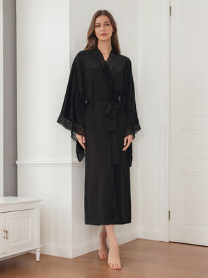 Luxurious Solid Colored Long Women's Bridal Robe with Lace Trim