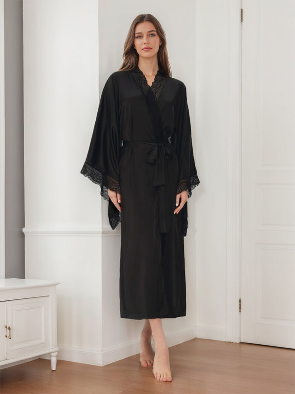 Luxurious Solid Colored Long Women's Bridal Robe with Lace Trim