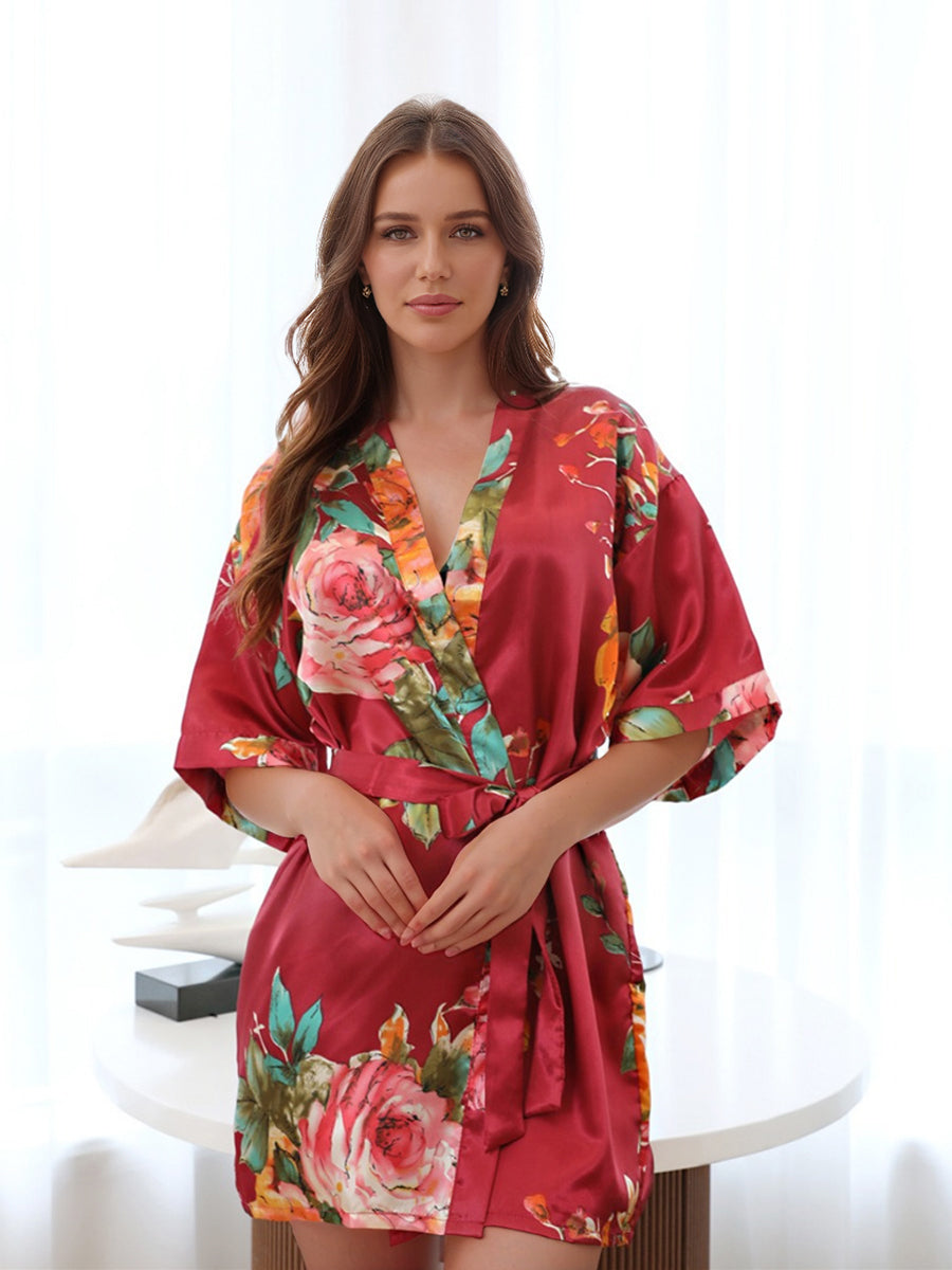 Red Printed Peony Half Sleeves Short Women&