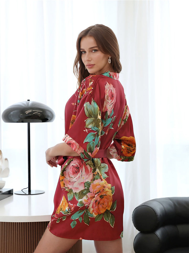 Red Printed Peony Half Sleeves Short Women&