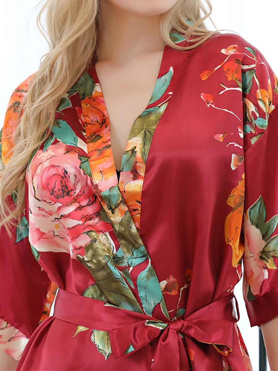 Red Printed Peony Half Sleeves Short Women&