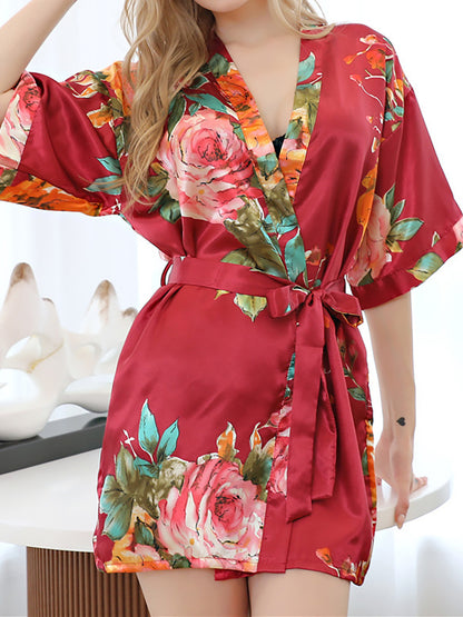 Red Printed Peony Half Sleeves Short Women's Bridesmaid Robes