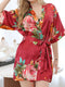 Red Printed Peony Half Sleeves Short Women's Bridesmaid Robes