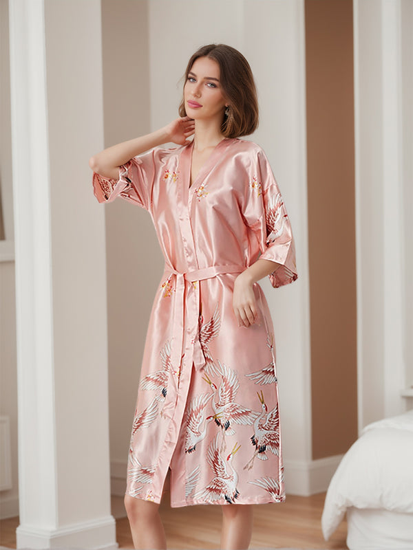 Women's Printed Cranes Half Sleeves Pink Bridal Robes