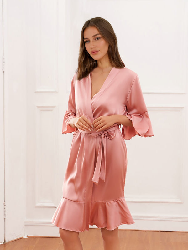 Women's V-Neck Half Sleeves Knee-Length Bridal Robes with Ruffles