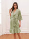 Women's V-Neck Half Sleeves Knee-Length Bridal Robes with Ruffles
