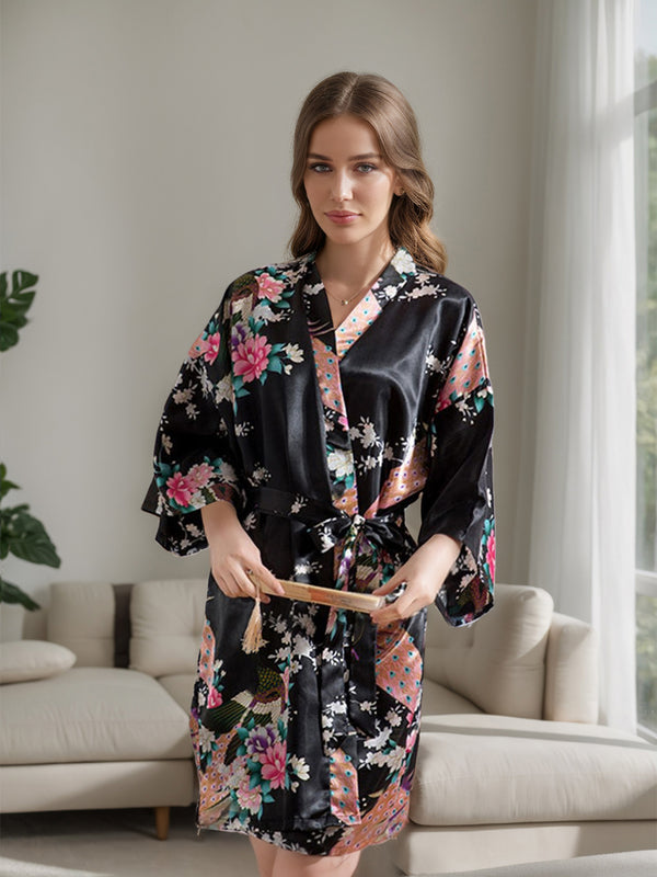 Black 3/4 Sleeves Knee-Length Printed Peacock Women's Robes