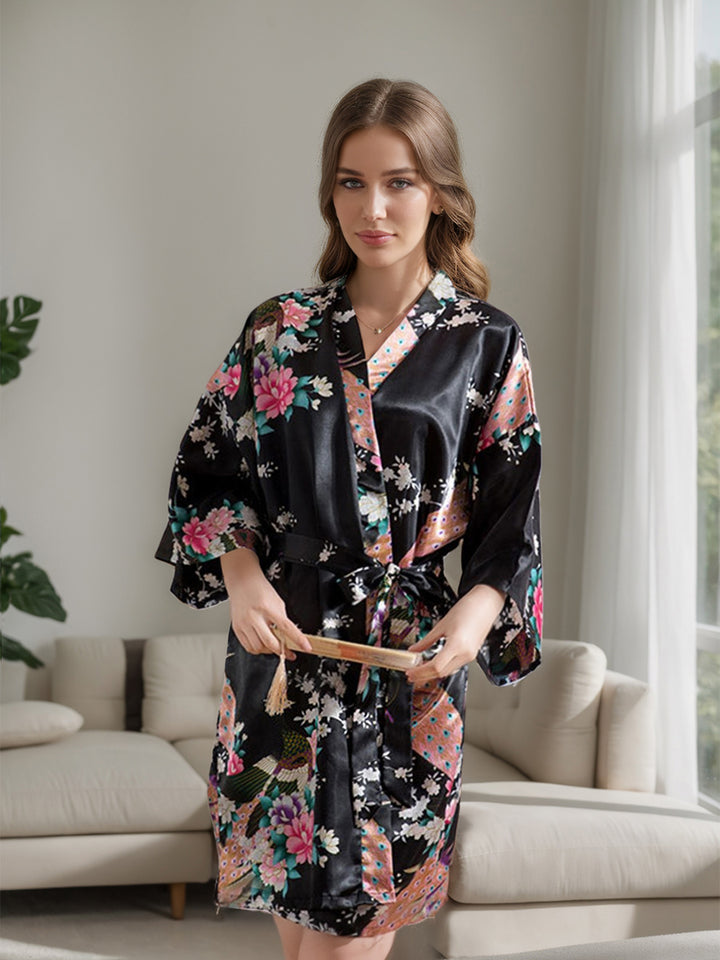 Black 3/4 Sleeves Knee-Length Printed Peacock Women&