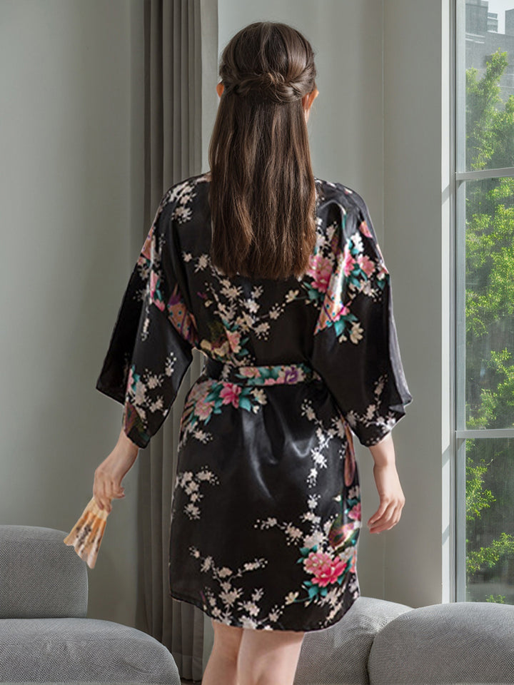Black 3/4 Sleeves Knee-Length Printed Peacock Women&