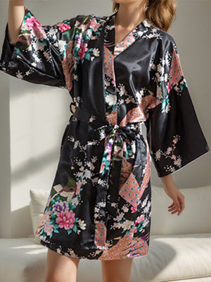Black 3/4 Sleeves Knee-Length Printed Peacock Women's Robes