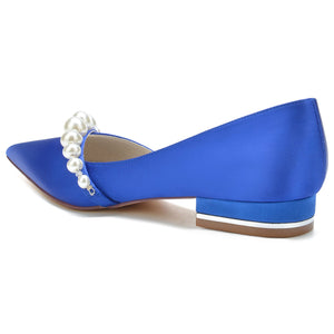 Women's Silk Satin With Pearl Closed Toe Flat Heel Wedding Shoes
