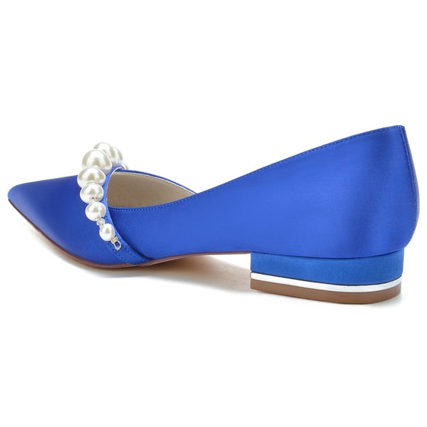 Women's Silk Satin With Pearl Closed Toe Flat Heel Wedding Shoes
