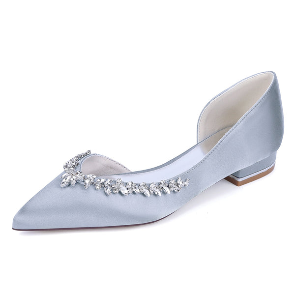 Women's Silk Satin Closed Toe With Rhinestone Flat Heel Wedding Shoes