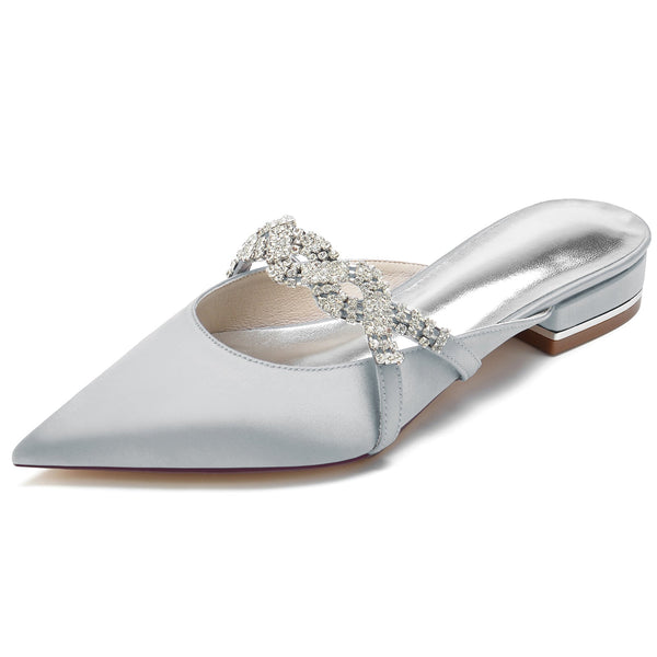 Women's Silk Satin With Closed Toe Flat Heel Rhinestone Wedding Shoes