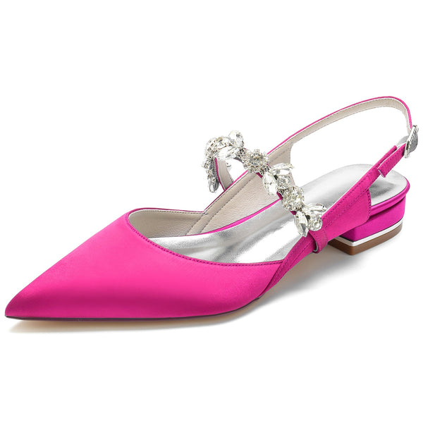 Women's Ankle Strap Rhinestone Closed Toe Silk Satin With Flat Heel Wedding Shoes