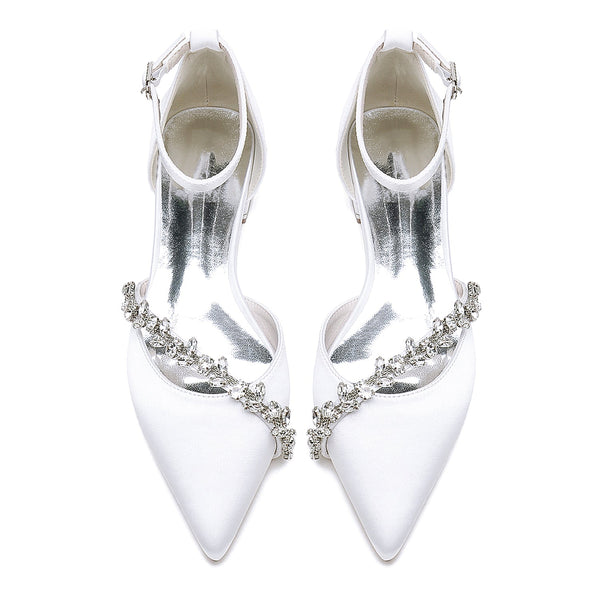 Women's Silk Satin With Ankle Strap Rhinestone Closed Toe Flat Heel Party Shoes