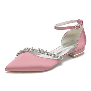 Women's Silk Satin With Ankle Strap Rhinestone Closed Toe Flat Heel Party Shoes