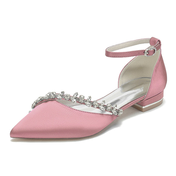 Women's Silk Satin With Ankle Strap Rhinestone Closed Toe Flat Heel Party Shoes