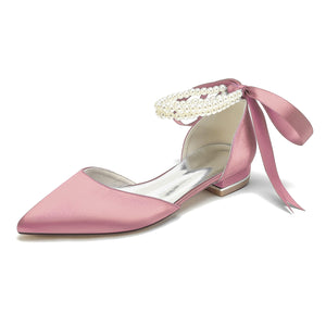 Women's Silk Satin With Ankle Strap Lace-up Pearl Closed Toe Flat Heel Evening Shoes