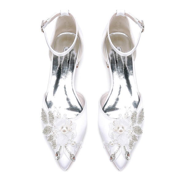 Women's Silk Satin With Ankle Strap Flower Rhinestone Closed Toe Flat Heel Evening Shoes