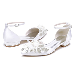 Women's Silk Satin With Ankle Strap Flower Rhinestone Closed Toe Flat Heel Evening Shoes