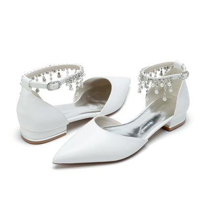 Women's PU With Ankle Strap Pearl Tassel Closed Toe Flat Heel Evening Shoes