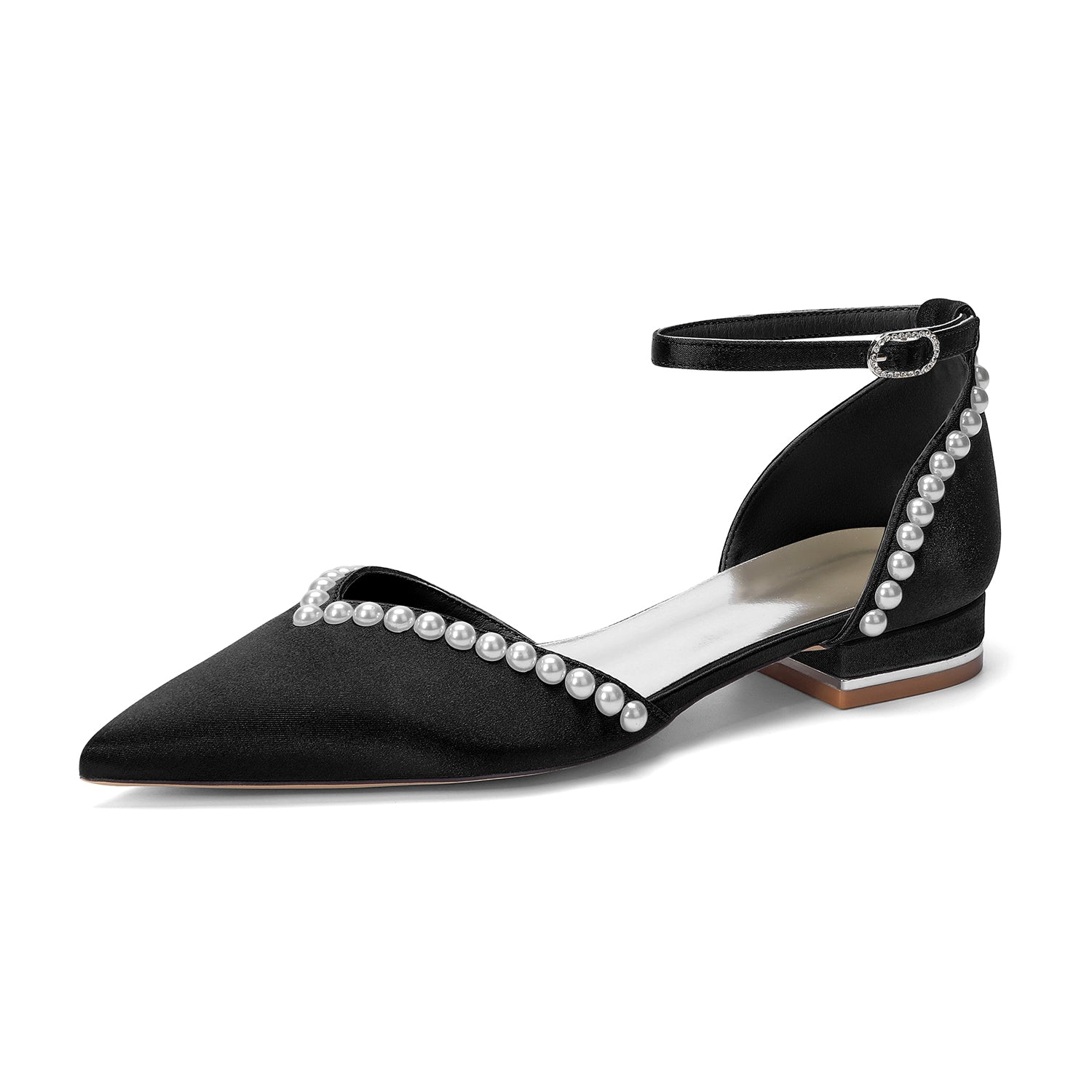 Women's Silk Satin With Pearl Ankle Strap Closed Toe Flat Heel Evening Shoes