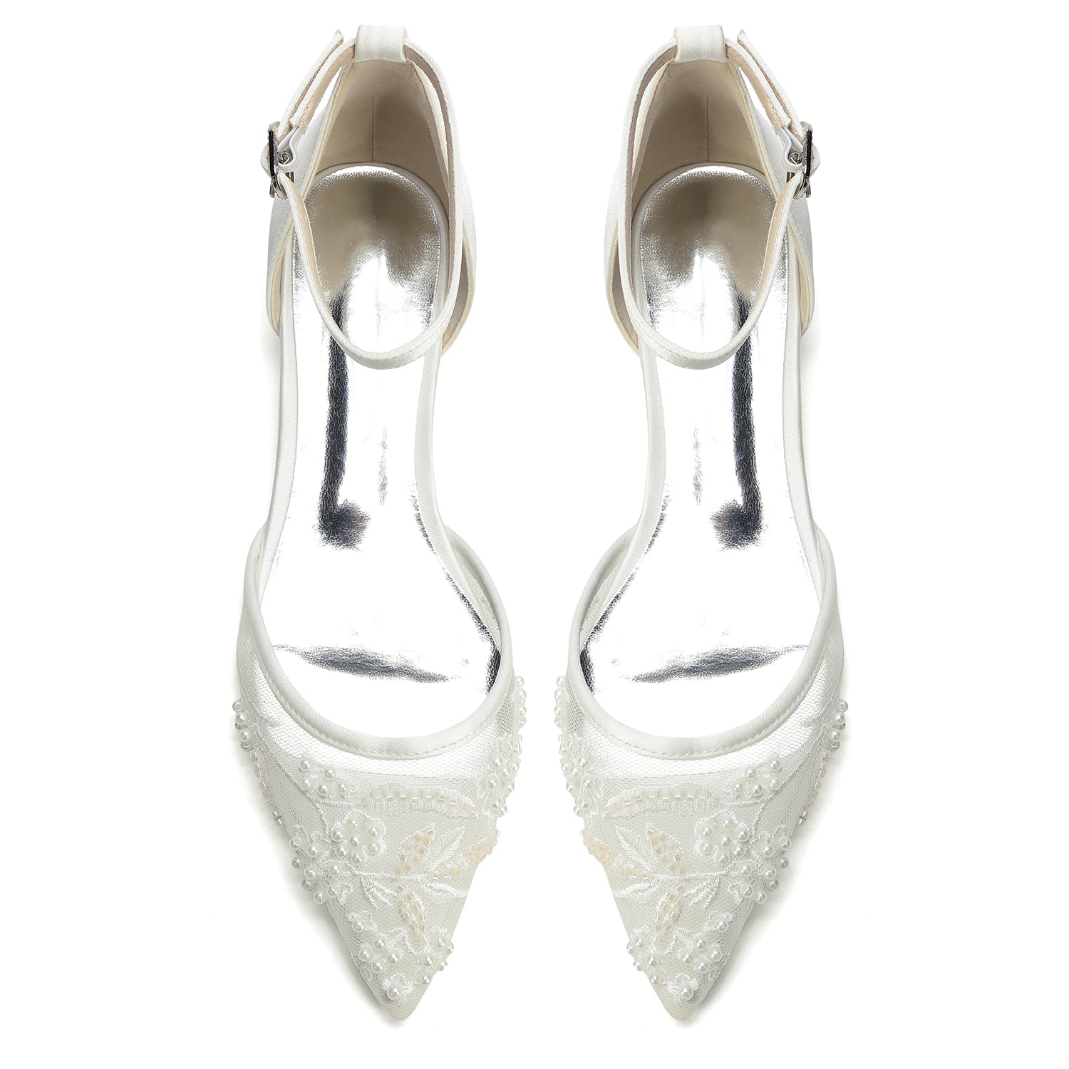 Women's Lace Silk Satin With Ankle Strap Closed Toe Flat Heel Evening Shoes